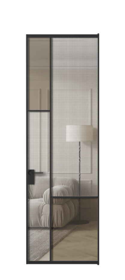 Межкомнатная дверь Mosaic АЛПЛ041.13 Алюминий Черный Декоративное стекло с сеткой "Mesh silver", триплекс, 6 мм + Прозрачное бронзовое стекло, триплекс, 6 мм Цена 156790 ₽ | Volhovec