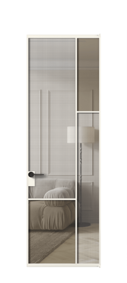 Межкомнатная дверь Mosaic АЛПЛ041.12 Алюминий пудровый белый Декоративное стекло с сеткой "Mesh silver", триплекс, 6 мм + Прозрачное бронзовое стекло, триплекс Цена 162290 ₽ | Volhovec