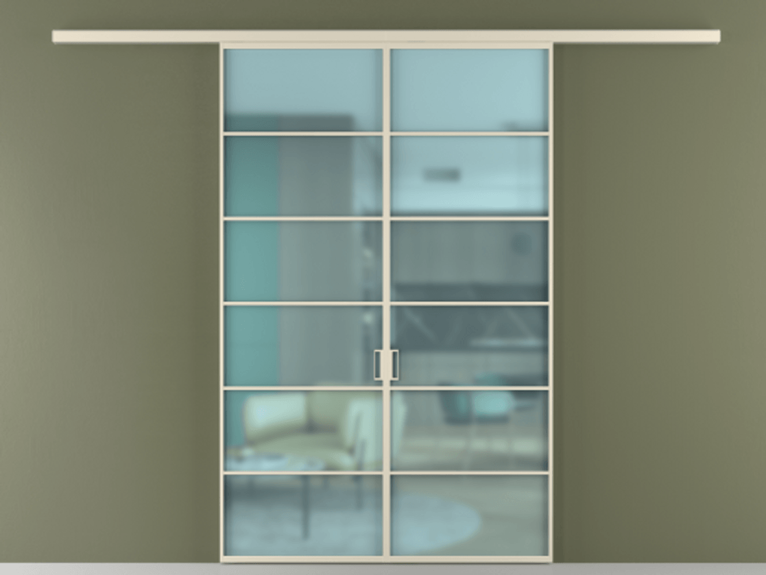 Перегородка Формато вдоль стены 2 створки АЛПР 040.04 Алюминий бежево-серый Сатинированное голубое стекло, триплекс Цена 207150 ₽ | Volhovec