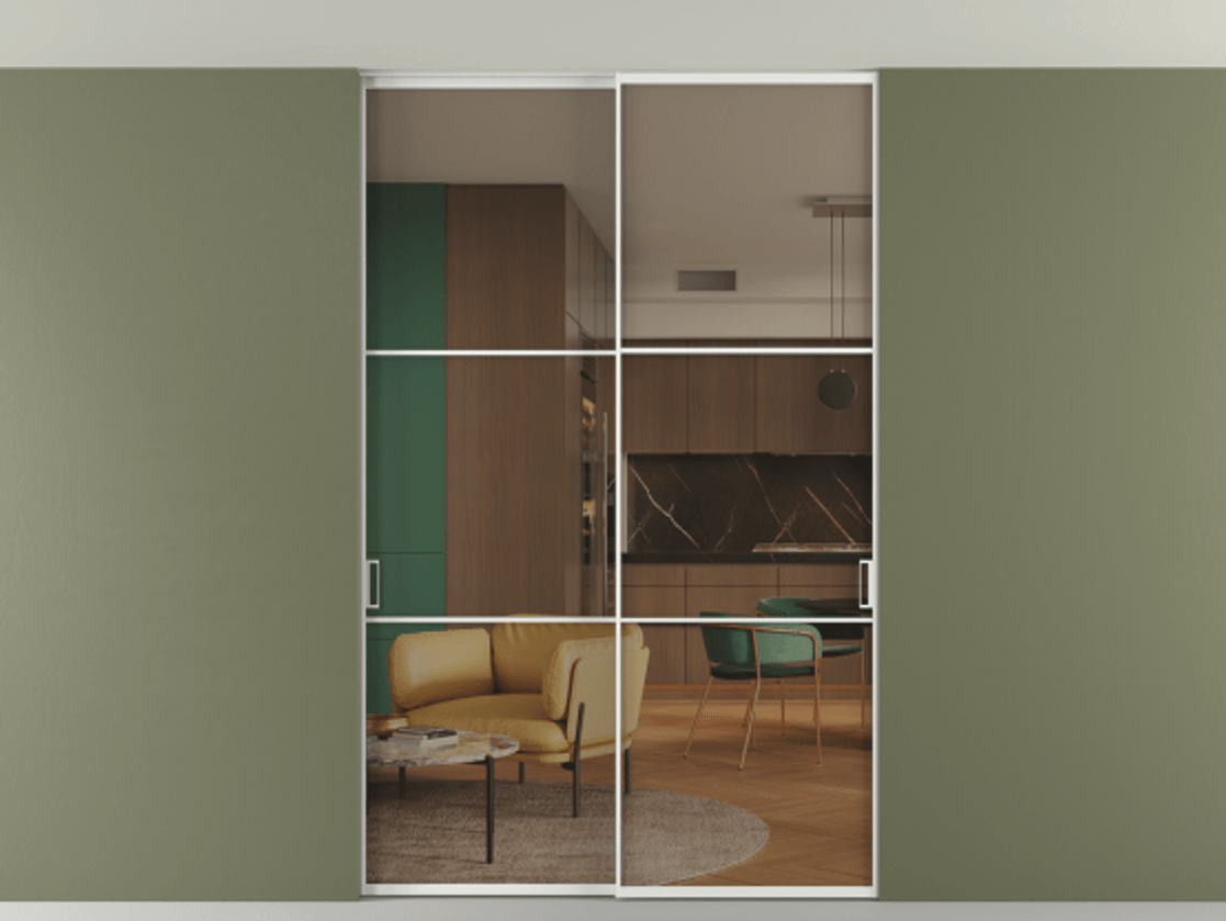 Перегородка Формато внутри проёма скрытое крепление в потолок 2 створки АЛПР 040.03 Алюминий белоснежный Прозрачное бронзовое стекло, триплекс Цена 256476 ₽ | Volhovec