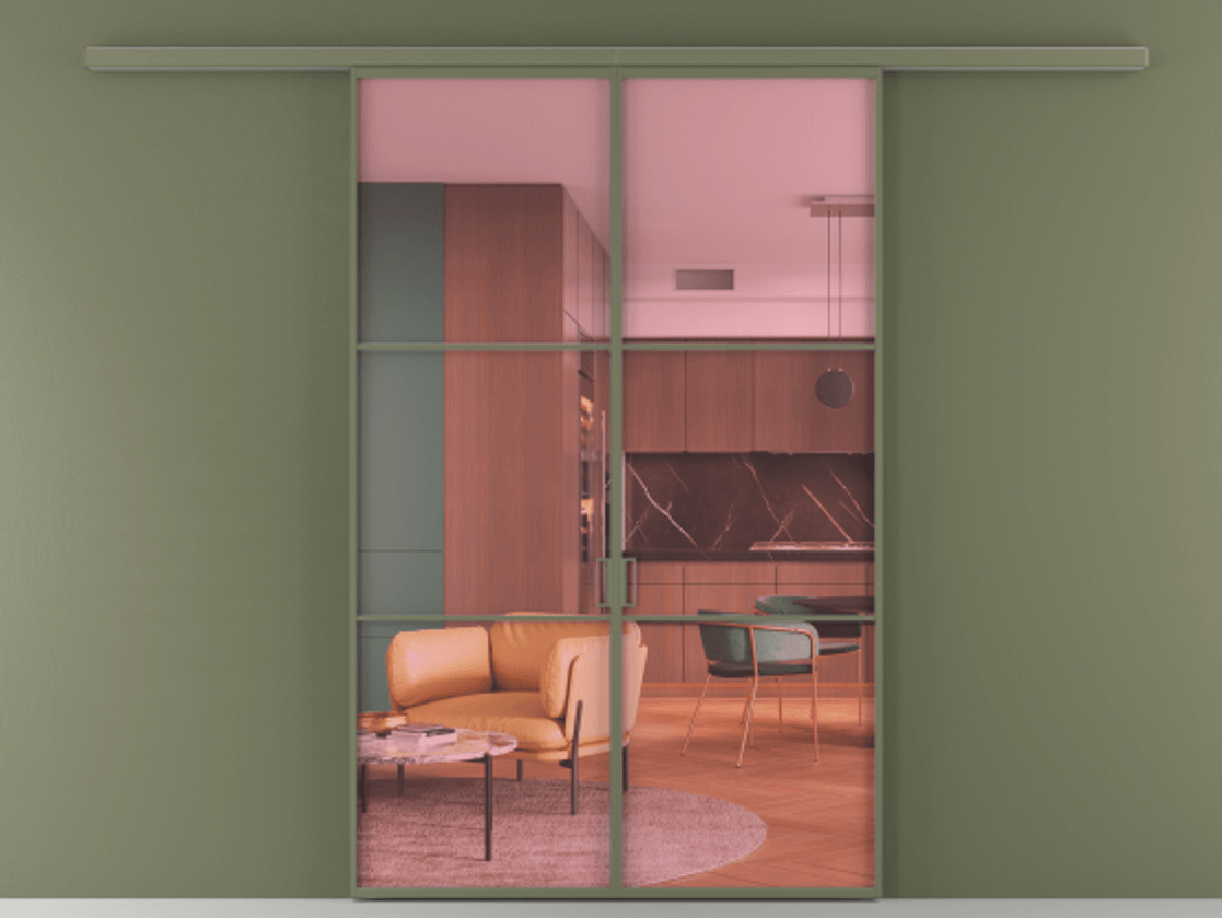 Перегородка Формато вдоль стены 2 створки АЛПР 040.03 Алюминий оливковый тёмный Прозрачное розовое стекло, триплекс Цена 202960 ₽ | Volhovec