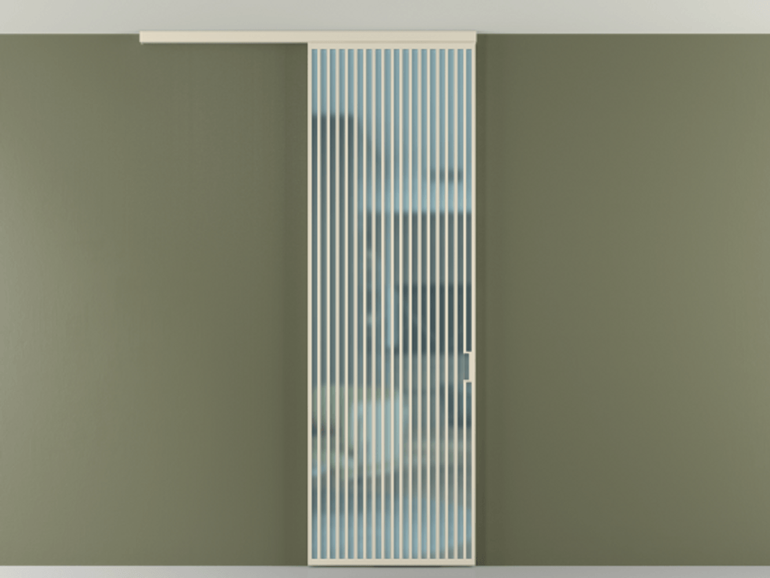 Межкомнатная дверь New Перегородка Formato вдоль стены на потолок одностворчатая АЛПР 040.06 Алюминий бежево-серый Сатинированное голубое стекло, триплекс Цена 187228  | Volhovec