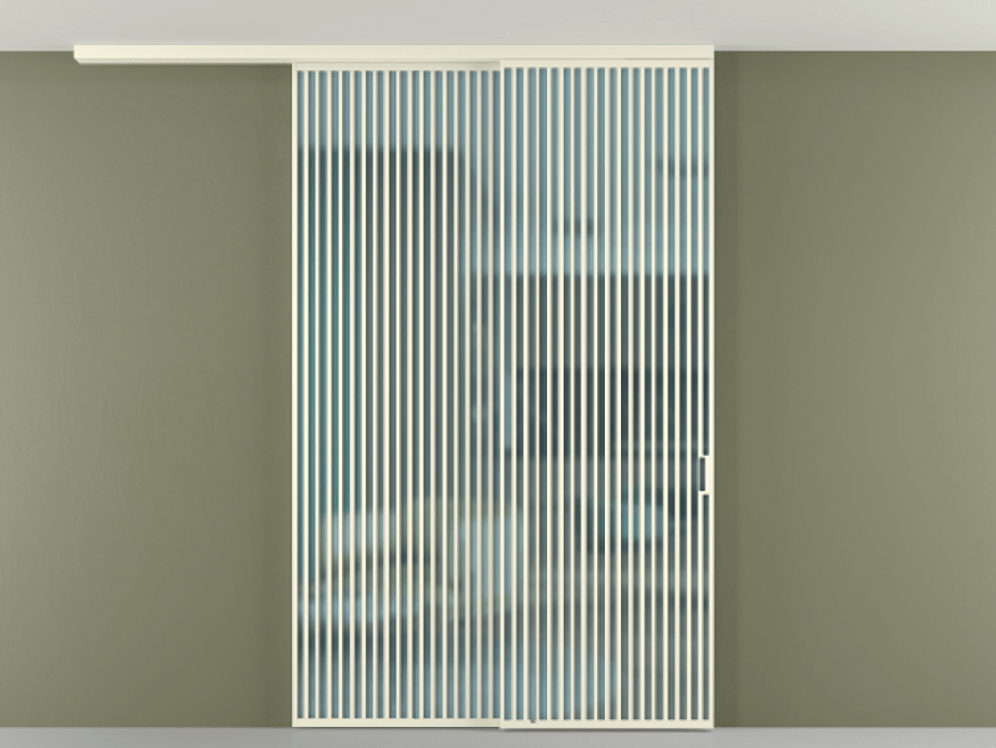 Перегородка Формато вдоль стены на потолок 2 створки с синхронным механизмом АЛПР 040.06 Алюминий молочно-белый Сатинированное голубое стекло, триплекс Цена 431415 ₽ | Volhovec