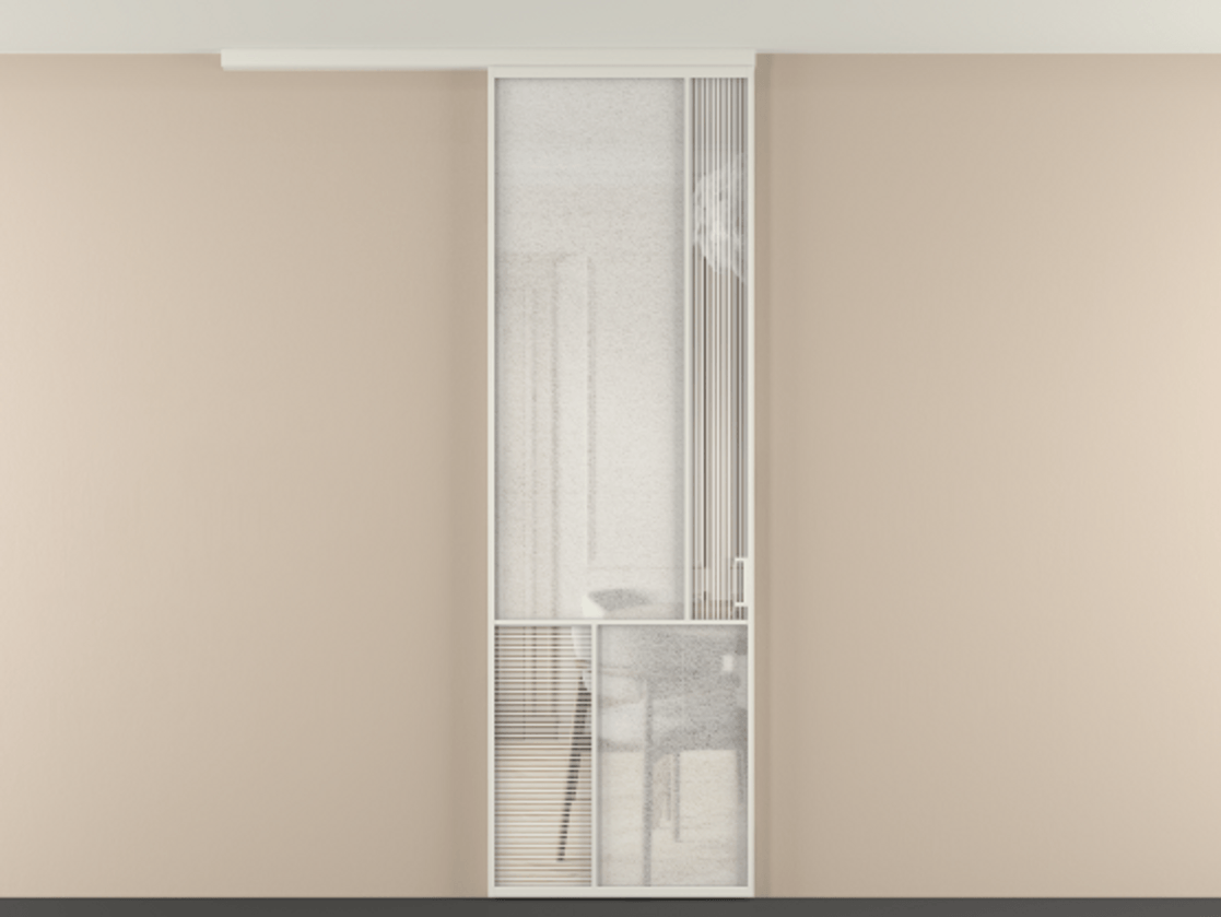 Перегородка Мозаик вдоль стены на потолок 1 створка АЛПР 041.21 Алюминий Белый Рифлёное стекло "Дюна", триплекс, 6 мм + Фактурное стекло "Лёд", триплекс Цена 137560 ₽ | Volhovec