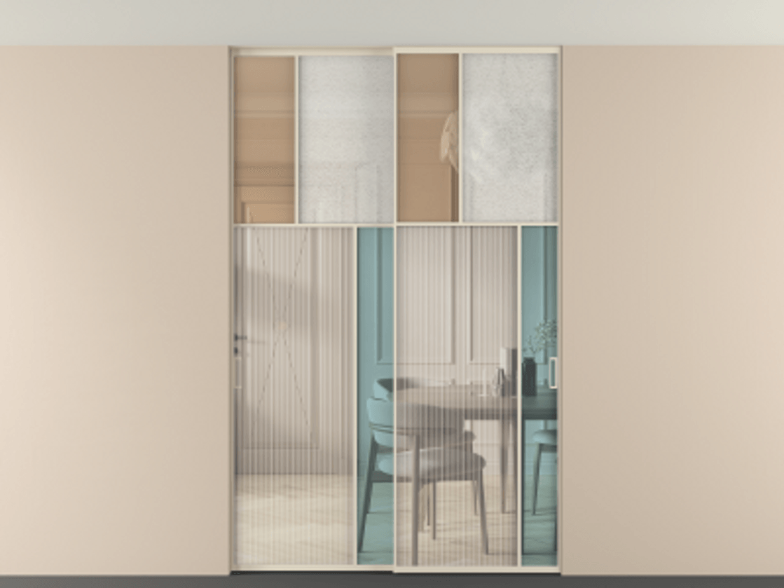 Перегородка Mosaic внутри проёма скрытое крепление в потолок 2 створки АЛПР 041.23 Алюминий бежево-серый Комбинация стекол Группы 1 и Группы 3 Цена 336580 ₽ | Volhovec