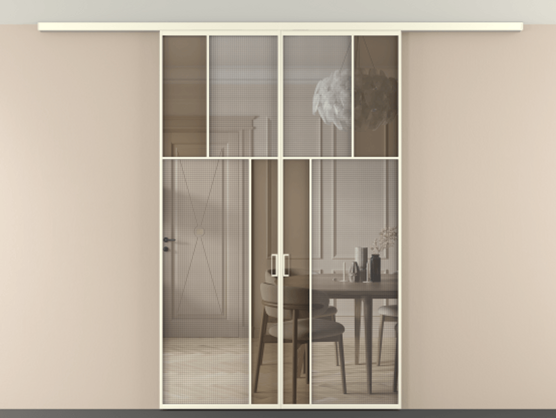 Перегородка Mosaic вдоль стены на потолок двустворчатая АЛПР 041.22 Алюминий молочно-белый Декоративное стекло с сеткой "Mesh silver", триплекс, 6 мм + Прозрачное бронзовое стекло, триплекс, 6 мм. Цена 378440 сом . Фабрика дверей Волховец 8 (800) 551 43 19 Перегородка Mosaic вдоль стены на потолок двустворчатая АЛПР 041.22 Алюминий молочно-белый Декоративное стекло с сеткой "Mesh silver", триплекс, 6 мм + Прозрачное бронзовое стекло, триплекс, 6 мм Цена 378440 сом | Volhovec