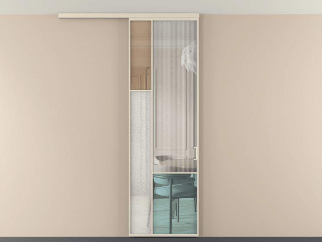 Перегородка Mosaic вдоль стены на потолок 1 створка АЛПР 041.13 Алюминий бежево-серый Комбинация стекол Группы 1 и Группы 3 Цена 141040 ₽ | Volhovec