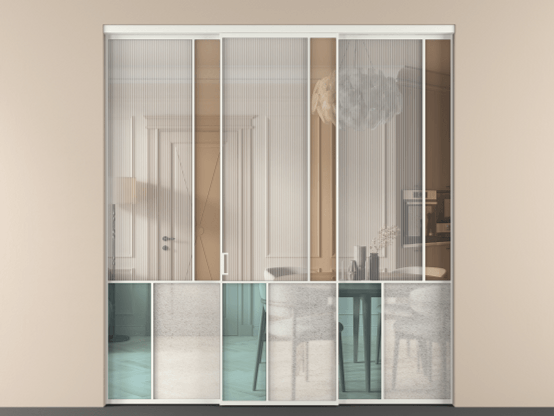 Перегородка Mosaic внутри проёма 3 створки АЛПР 041.21 Алюминий светло-серый Комбинация стекол Группы 1 и Группы 3 Цена 359390 ₽ | Volhovec