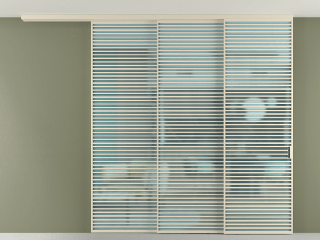 Перегородка Formato вдоль стены на потолок телескопик синхро 3 АЛПР 040.07 Алюминий бежево-серый Сатинированное голубое стекло, триплекс Цена 655084 ₽ | Volhovec