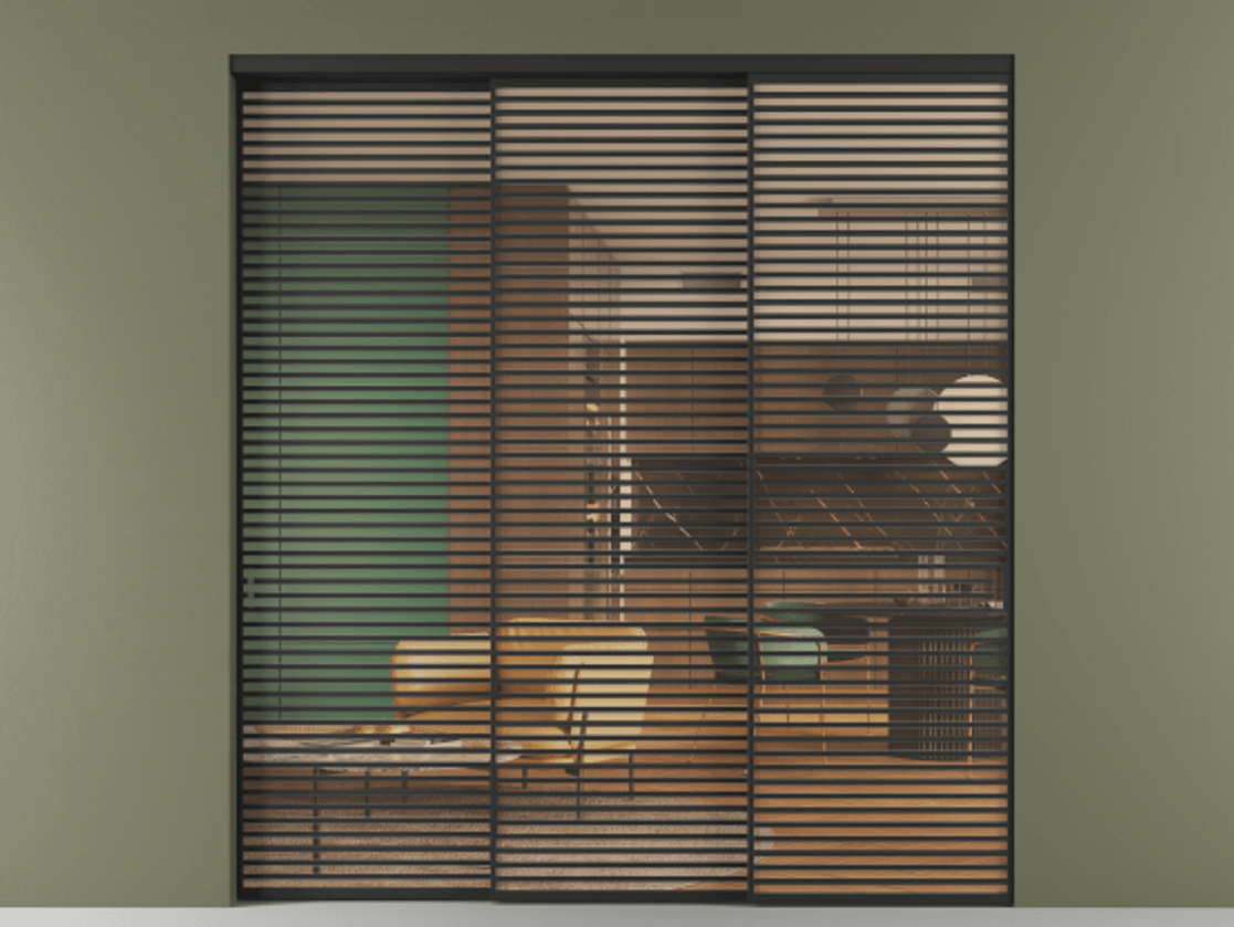 Перегородка Formato внутри проёма 3 створки с синхронным механизмом АЛПР 040.07 Алюминий Черный Прозрачное оранжевое стекло, триплекс Цена 552520 ₽  | Volhovec