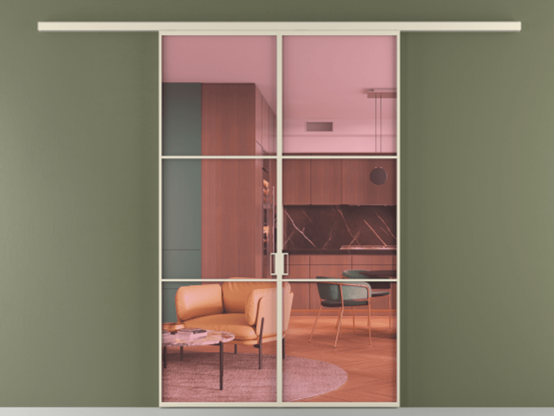 Перегородка Формато вдоль стены 2 створки АЛПР 040.03 Алюминий бежево-серый Прозрачное розовое стекло, триплекс Цена 195450 ₽ | Volhovec