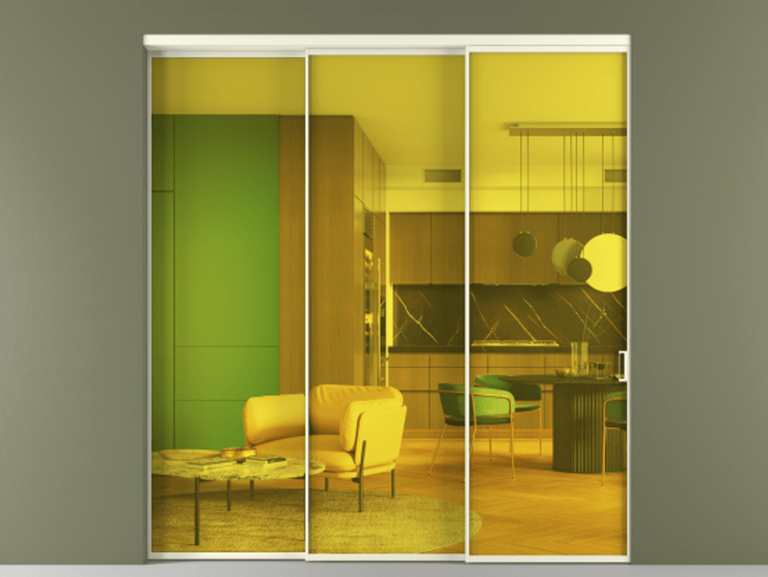 Перегородка Formato внутри проёма 3 створки с синхронным механизмом АЛПР 040.01 Алюминий молочно-белый Прозрачное жёлтое стекло, триплекс Цена 331580 ₽  | Volhovec