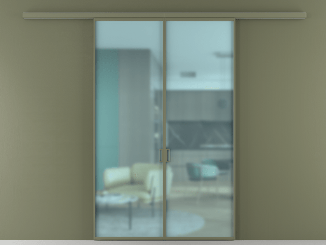 Перегородка Формато вдоль стены 2 створки АЛПР 040.01 Алюминий оливковый тёмный Сатинированное голубое стекло, триплекс Цена 187350 ₽ | Volhovec