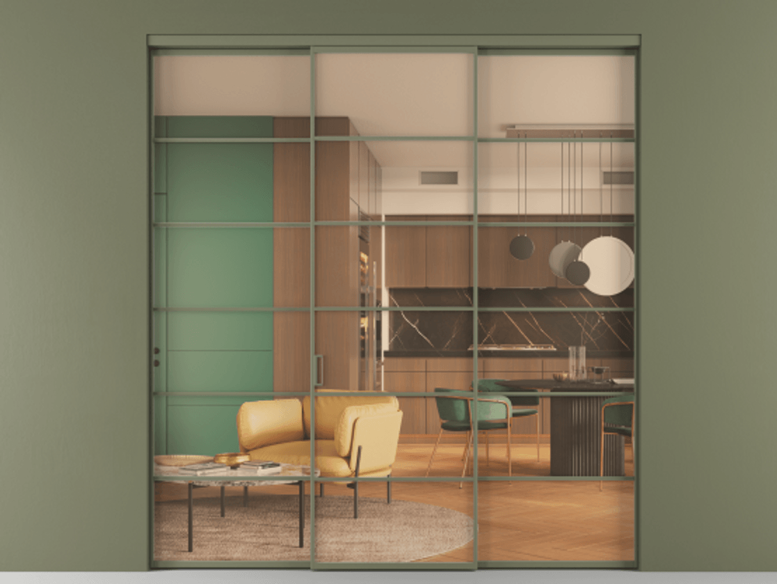 Перегородка Formato внутри проёма трёхстворчатая АЛПР 040.04 Алюминий оливковый тёмный Прозрачное оранжевое стекло, триплекс Цена 267260 ₽ | Volhovec