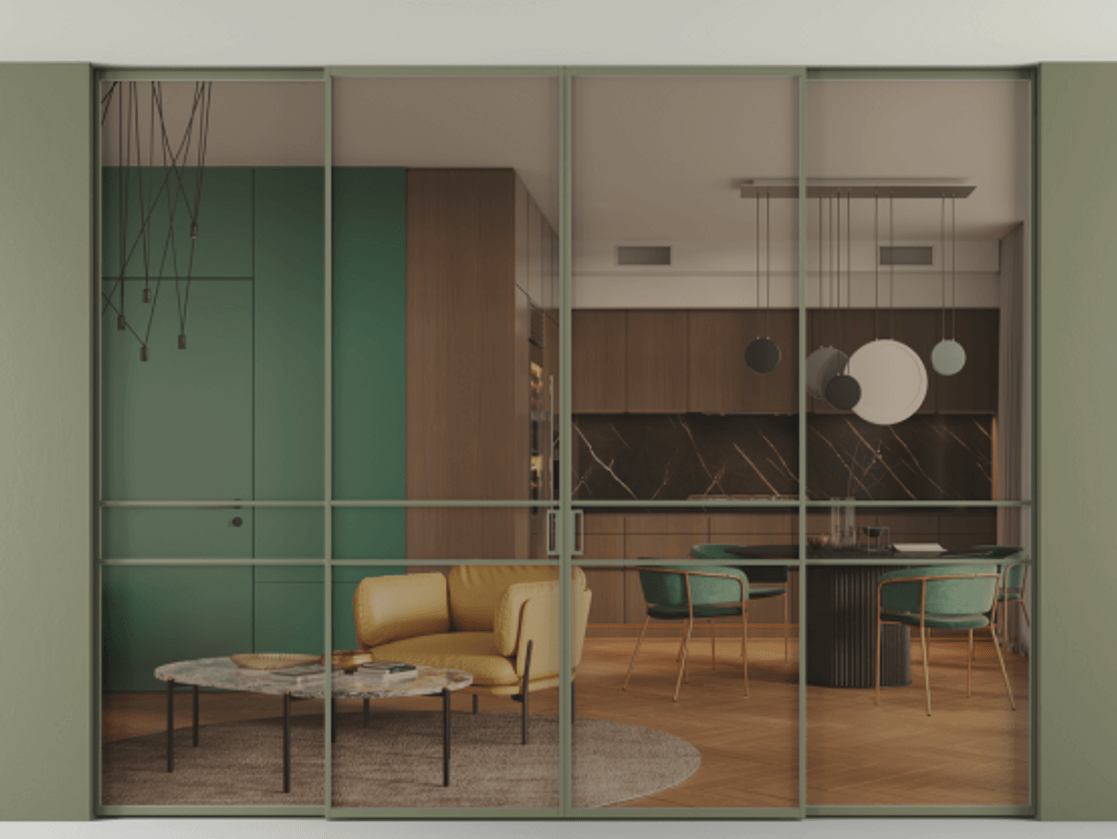 Перегородка Formato внутри проёма четырёхстворчатая со скрытым креплением в потолок АЛПР 040.02 Алюминий оливковый тёмный Прозрачное бронзовое стекло, триплекс, 6 мм. Цена 493120 ₽ 1. Полотно 4 шт. (800/2100 мм)
2. Комплект установки раздвижной системы
3. Базовый комплект фурнитуры
4.Ручка RONDO. Фабрика дверей Волховец 8 (800) 551 43 19 Перегородка Formato внутри проёма четырёхстворчатая со скрытым креплением в потолок АЛПР 040.02 Алюминий оливковый тёмный Прозрачное бронзовое стекло, триплекс, 6 мм Цена 493120 ₽ | Volhovec