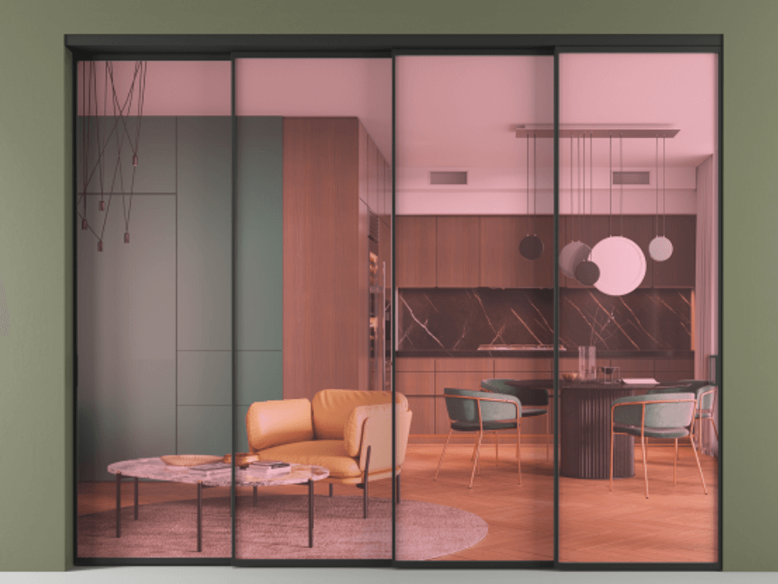 Перегородка Formato внутри проёма телескопик синхро 3 АЛПР 040.01 Алюминий Черный Прозрачное розовое стекло, триплекс Цена 425460 ₽ | Volhovec