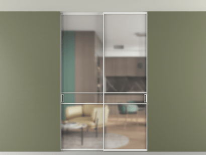 Алюминевая перегородка АЛПР 040.02_АБЛ_Matelux Crystalvision_new. Цвет Алюминий белоснежный. Материал Алюминий в эмали. Коллекция Перегородка Formato внутри проёма двустворчатая со скрытым креплением в потолок. Картинка.