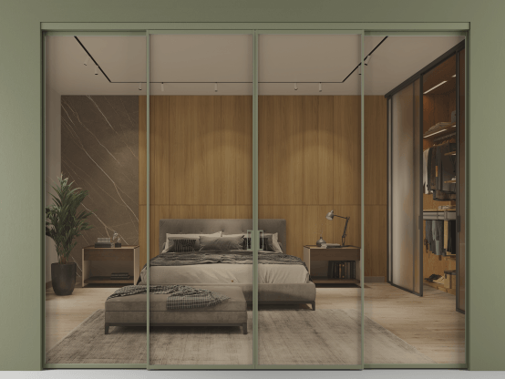 Алюминевая перегородка АЛПР 040.01_АОТ_Stopsol Bronze_new. Цвет Алюминий оливковый тёмный. Материал Алюминий в эмали. Коллекция Перегородка Формато внутри проёма 4 створки. Картинка.