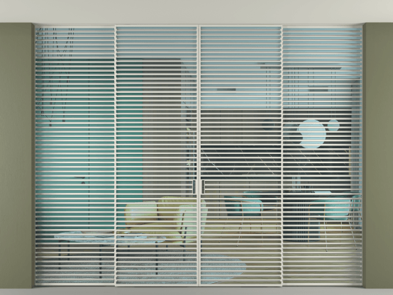 Алюминевая перегородка АЛПР 040.07_БЕЛ_ПРОЗ ГОЛ_new. Цвет Алюминий Белый. Материал Алюминий. Коллекция Перегородка Formato внутри проёма скрытое крепление в потолок 4 створки. Картинка.