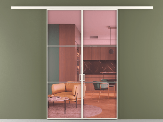 Алюминевая перегородка vd2_03_ Алюминий пудровый белый Прозрачное розовое стекло, триплекс, 6мм. Цвет Алюминий пудровый белый. Материал Алюминий в эмали. Коллекция Перегородка Formato вдоль стены 2 створки. Картинка.