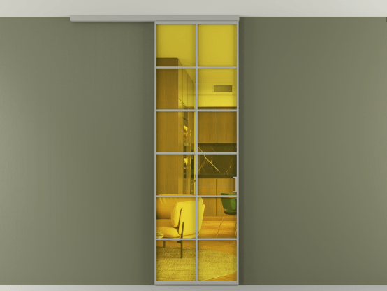 Алюминевая перегородка АЛПР 040.05_АНСР_ПРОЗ ЖЕЛ_new. Цвет Алюминий нейтральный серый. Материал Алюминий в эмали. Коллекция Перегородка Formato вдоль стены на потолок 1 створка. Картинка.