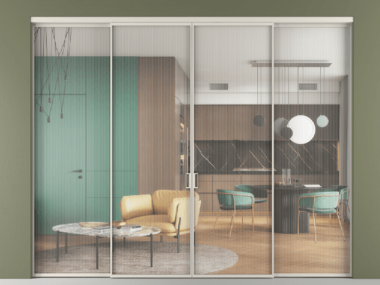 Алюминевая перегородка АЛПР 040.01_АОС_Moru_new. Цвет Алюминий облачно-серый. Материал Алюминий в эмали. Коллекция Перегородка Формато внутри проёма 4 створки. Картинка.