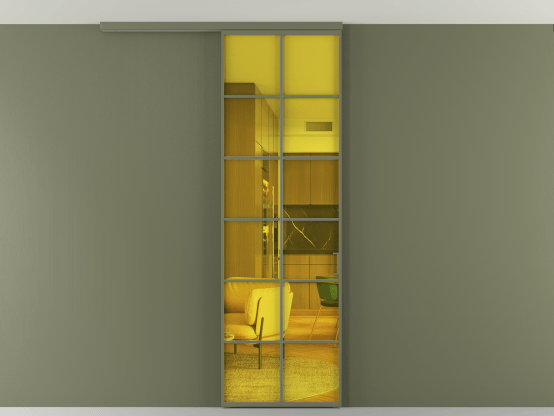 Алюминевая перегородка АЛПР 040.05_АОТ_ПРОЗ ЖЕЛ_new. Цвет Алюминий оливковый тёмный. Материал Алюминий в эмали. Коллекция Перегородка Formato вдоль стены на потолок 1 створка. Картинка.