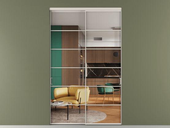 Алюминевая перегородка АЛПР 040.04_АОС_Crystalvision_new. Цвет Алюминий облачно-серый. Материал Алюминий в эмали. Коллекция Перегородка Formato внутри проёма 2 створки. Картинка.