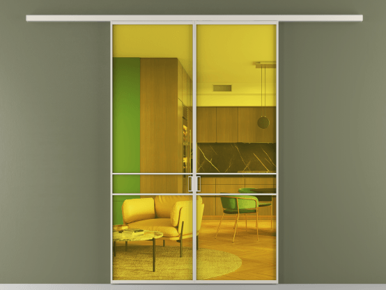 Алюминевая перегородка АЛПР 040.02_АОС_ПРОЗ ЖЕЛ_new. Цвет Алюминий облачно-серый. Материал Алюминий в эмали. Коллекция Перегородка Formato вдоль стены 2 створки. Картинка.