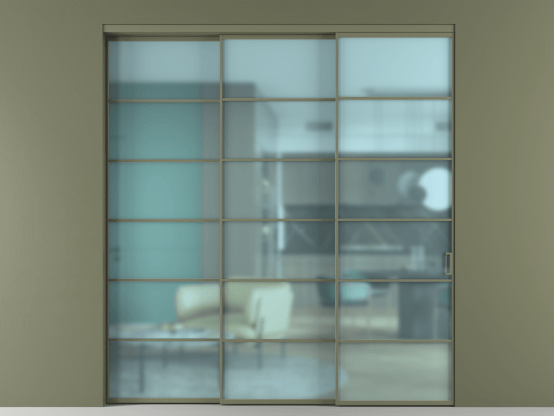 Алюминевая перегородка АЛПР 040.04_АОТ_САТ ГОЛ_new. Цвет Алюминий оливковый тёмный. Материал Алюминий в эмали. Коллекция Перегородка Formato внутри проёма 3 створки с синхронным механизмом. Картинка.