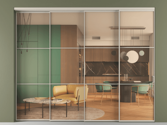 Алюминевая перегородка АЛПР 040.03_АСБЖ_ПРОЗ ОРАНЖ_new. Цвет Алюминий светло-бежевый. Материал Алюминий в эмали. Коллекция Перегородка Формато внутри проёма 4 створки с синхронным механизмом. Картинка.