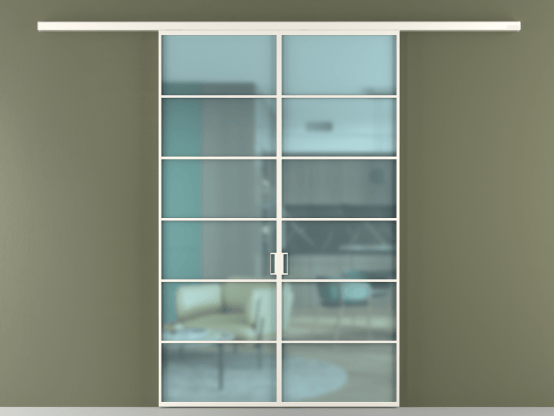 Алюминевая перегородка vd2_04_ Алюминий пудровый белый Сатинированное голубое стекло, триплекс, 6мм. Цвет Алюминий пудровый белый. Материал Алюминий в эмали. Коллекция Перегородка Formato вдоль стены 2 створки. Картинка.