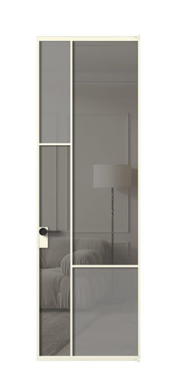 Дверь межкомнатная АЛПЛ041.13 АМБ сатин матовое + Серый прозрачное. Цвет Алюминий молочно-белый. Материал Алюминий в эмали. Коллекция Mosaic. Картинка.