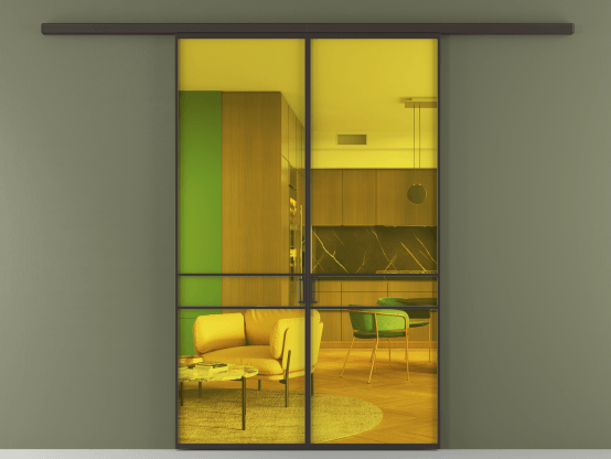 Алюминевая перегородка АЛПР 040.02_ААН_ПРОЗ ЖЕЛ_new. Цвет Алюминий антрацит. Материал Алюминий в эмали. Коллекция Перегородка Formato вдоль стены 2 створки. Картинка.