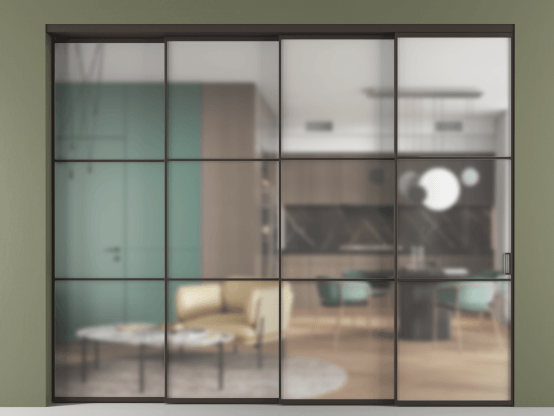 Алюминевая перегородка АЛПР 040.03_ААН_Matelux Crystalvision_new. Цвет Алюминий антрацит. Материал Алюминий в эмали. Коллекция Перегородка Формато внутри проёма 4 створки с синхронным механизмом. Картинка.