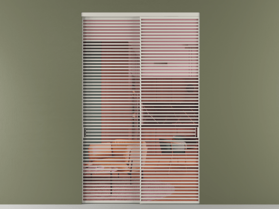 Алюминевая перегородка vn2_07_ Алюминий тёплый серый Прозрачное розовое стекло, триплекс, 6мм. Цвет Алюминий тёплый серый. Материал Алюминий в эмали. Коллекция Перегородка Formato внутри проёма 2 створки. Картинка.