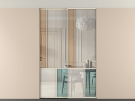 Алюминевая перегородка vntp2_3 Алюминий бежево-серый Четыре стекла. Цвет Алюминий бежево-серый. Материал Алюминий в эмали. Коллекция Перегородка Mosaic внутри проёма скрытое крепление в потолок 2 створки. Картинка.