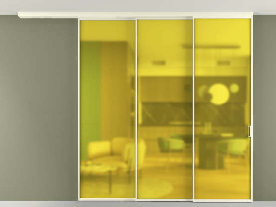 Алюминевая перегородка АЛПР 040.01_АМБ_САТ ЖЕЛ_new. Цвет Алюминий молочно-белый. Материал Алюминий в эмали. Коллекция Перегородка Формато вдоль стены на потолок 3 створки с синхронным механизмом. Картинка.